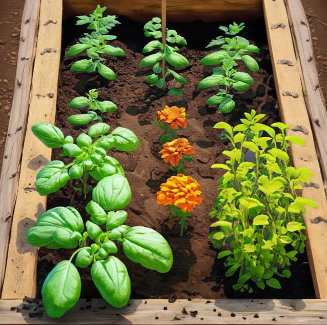 Cultivo asociativo albahaca tomate y caléndula