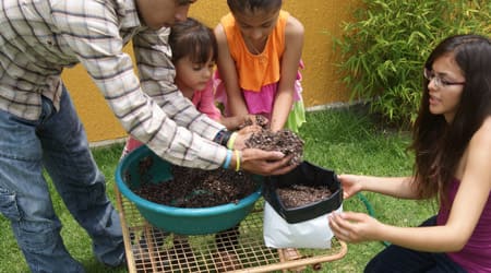 llenado de bolsa de siembra bicolor con sustrato 